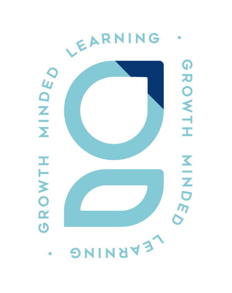 Blue abstract "g" logo with leaf shapes, surrounded by the words "Learning," "Growth Minded," and "Growing," in a circular layout.