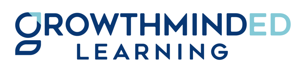 Logo with the text "GrowthMinded Learning" in blue, featuring a stylized leaf design to the left of the text.