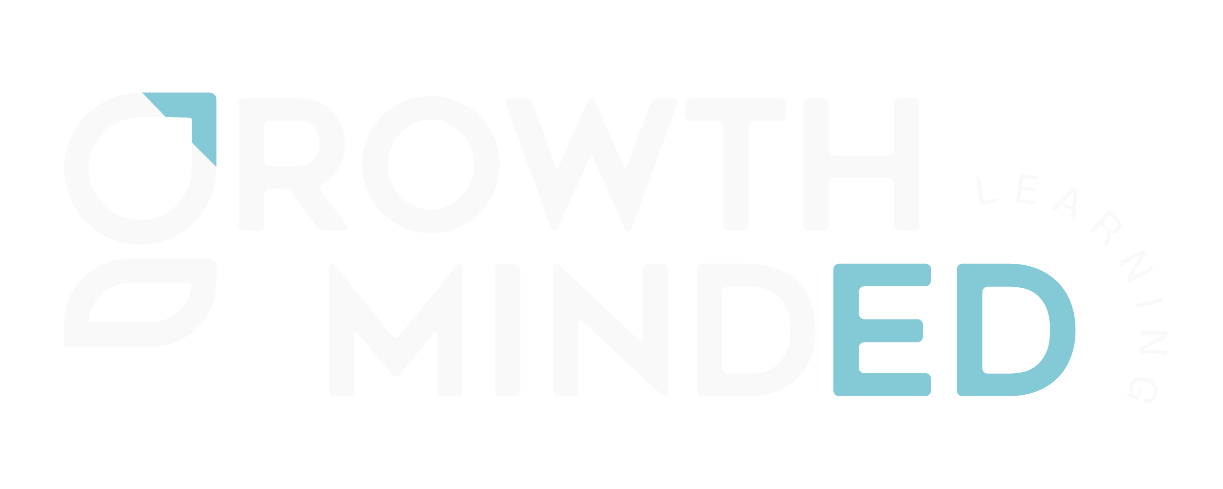 Logo with the text "Growth Minded Learning" in white and teal, featuring abstract shapes.