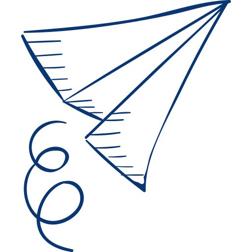 Illustration of a blue paper airplane with a spiraling line trailing behind it, drawn in a simple, sketchy style.